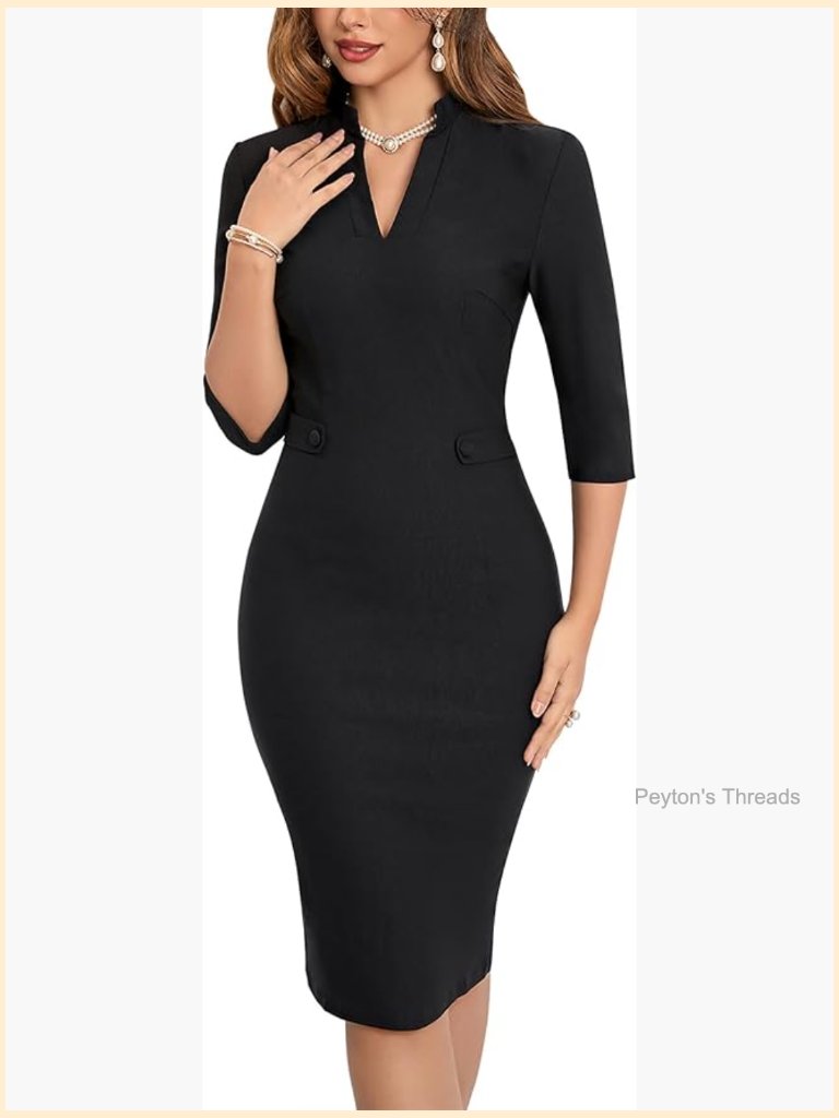 3/4 Sleeve V Neck Midi Sheath Vintage Cocktail Work Pencil Dress
